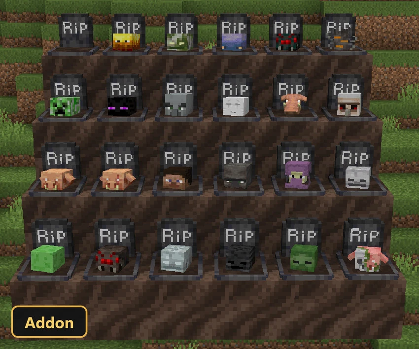 twenty-four gravestones with mob heads on coarse dirt blocks