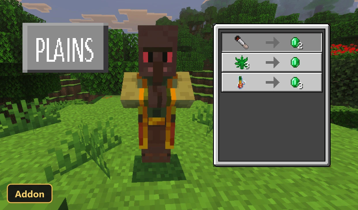 plains villager mob and a trading menu showing various trades