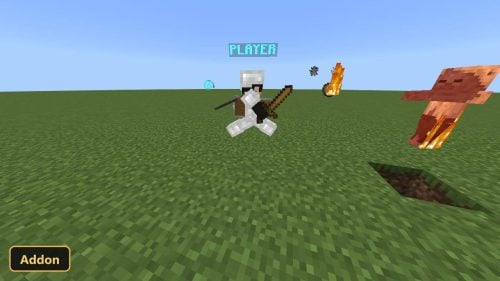 player character with sword and shield fighting a blaze