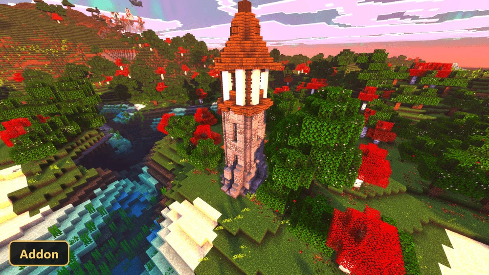 tall stone tower with a red roof next to a river
