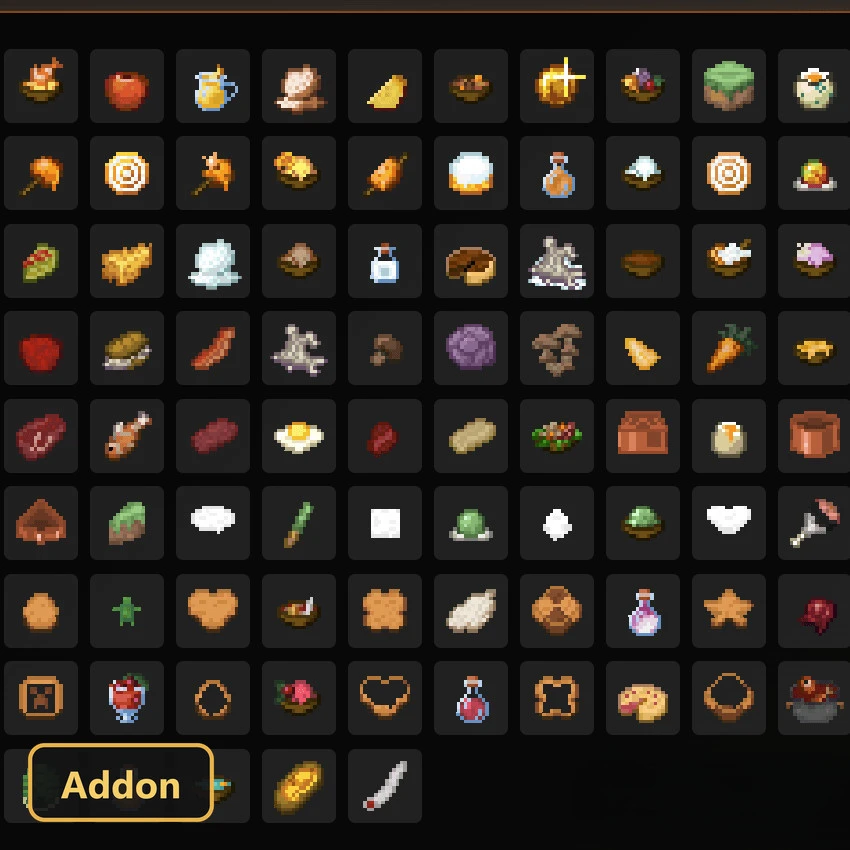 grid of food items, including meats, vegetables, and potions
