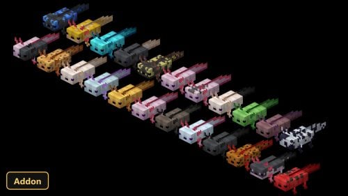 many colorful axolotls arranged in rows