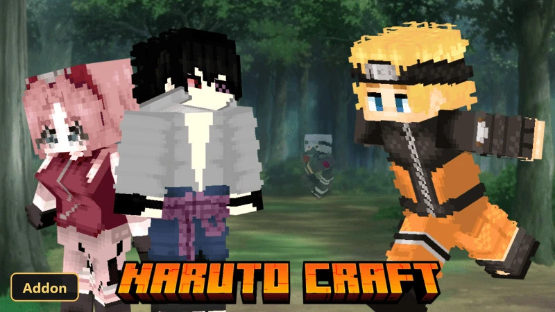 Naruto, Sasuke, and Sakura character skins in a forest setting