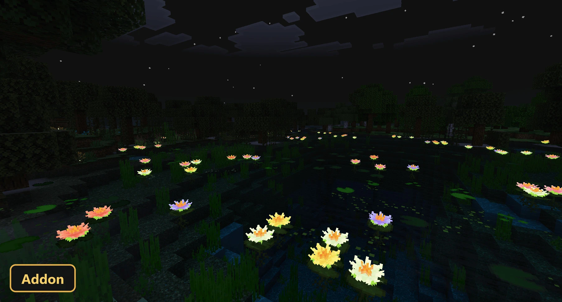 many glowing water lilies in a dark pond