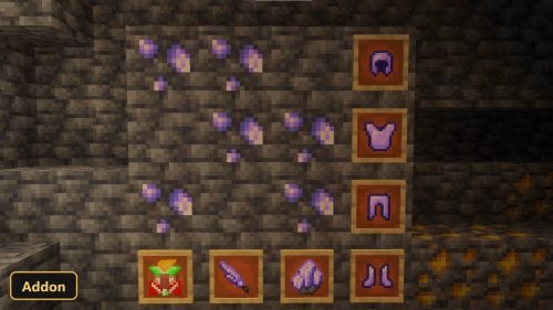 purple ore, armor, and items displayed on a cave wall