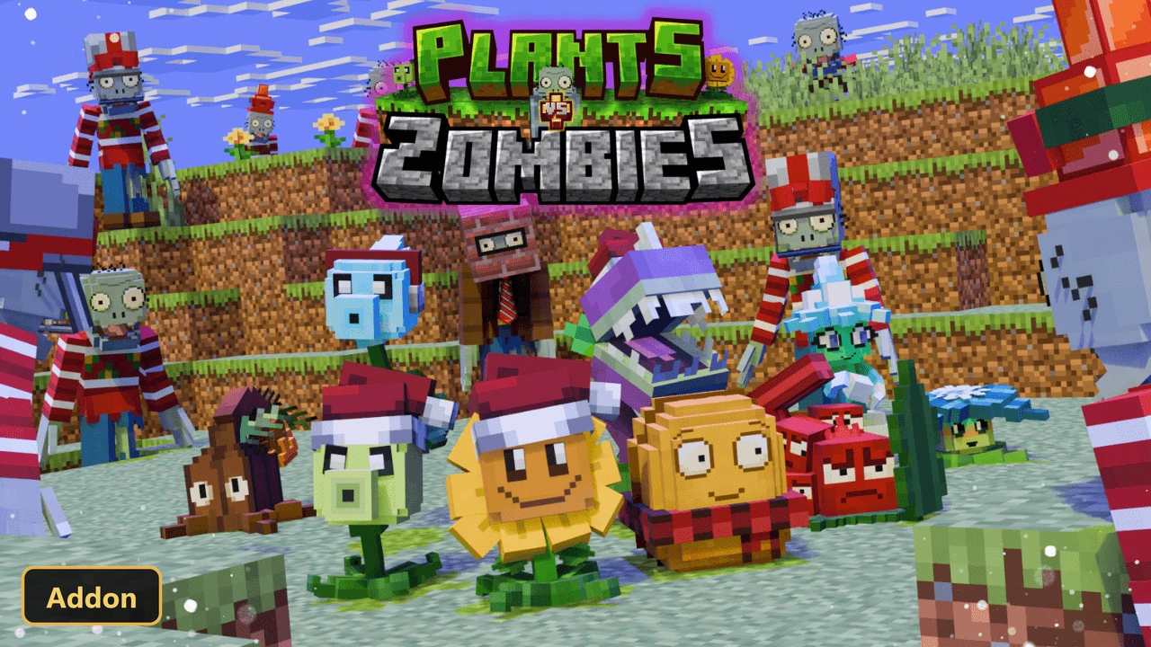 Christmas-themed plant and zombie mobs in a snowy world