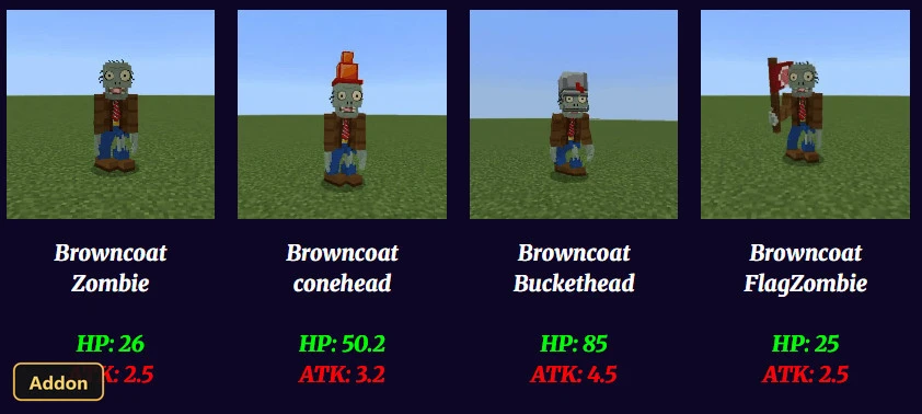 four zombie mobs with their names and stats