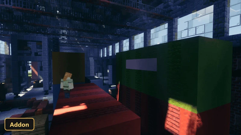 character on a red platform in a large industrial building