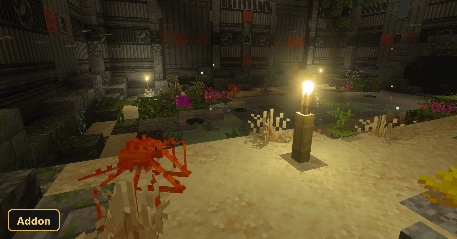 an orange crab-like mob in a sandy, overgrown area