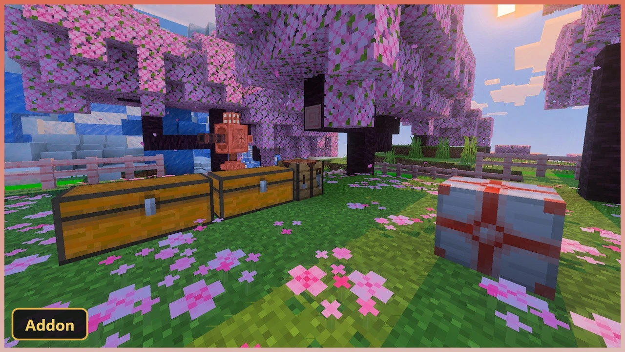 Three protection blocks, chests, and a crafting table in a cherry grove