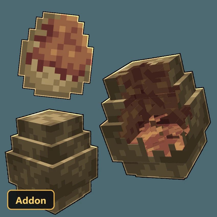 three pixelated items: a bowl, a nest, and an egg
