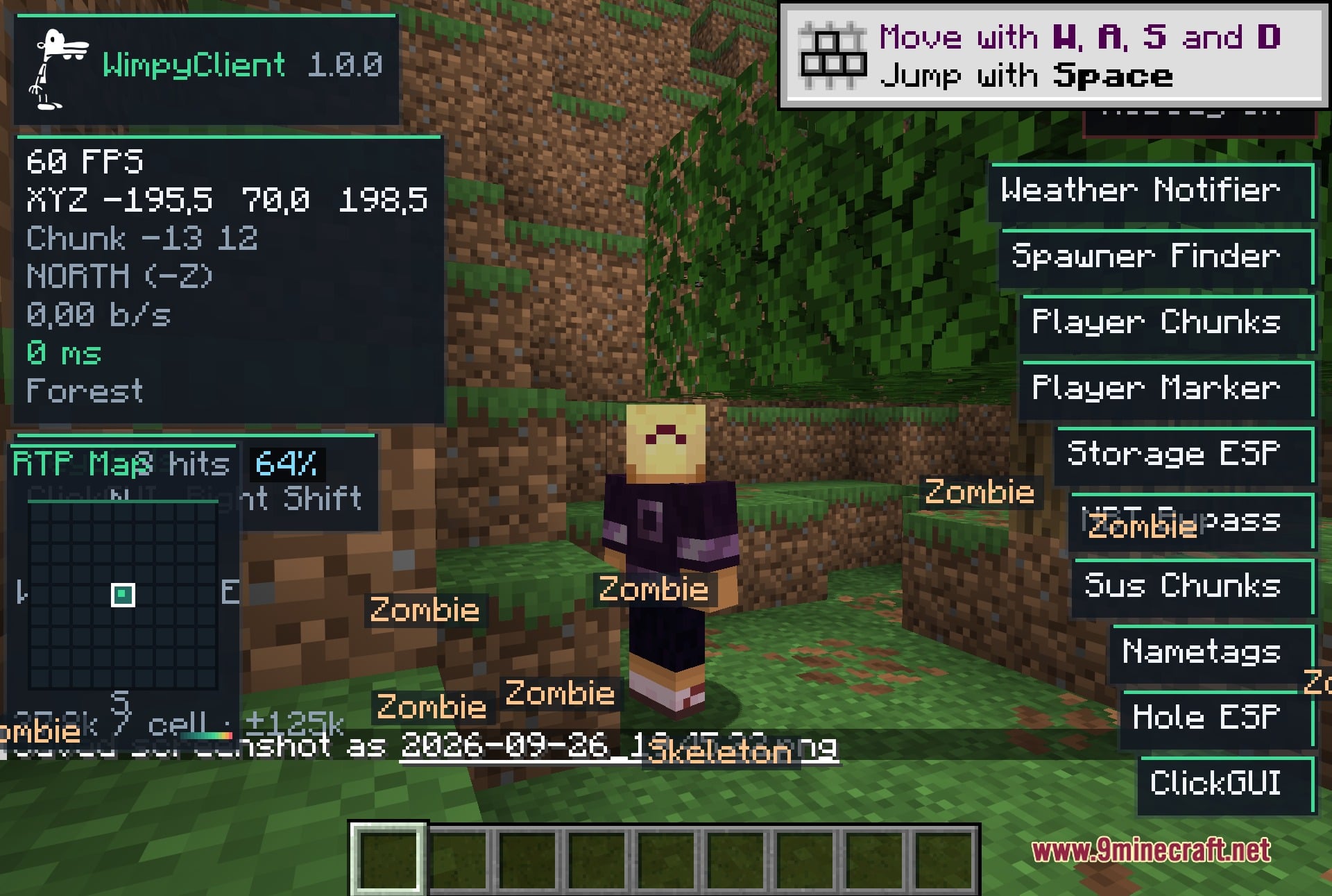 Entity ESP nametags label every nearby Zombie, Spider and Skeleton, shown here in third person.