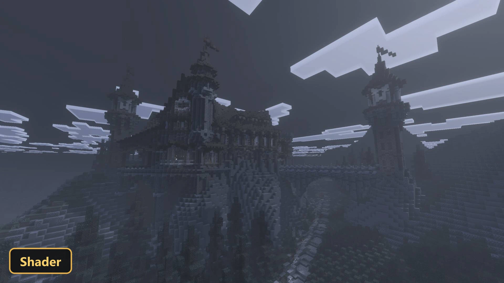 large, dark fantasy castle on a hilltop, with a bridge