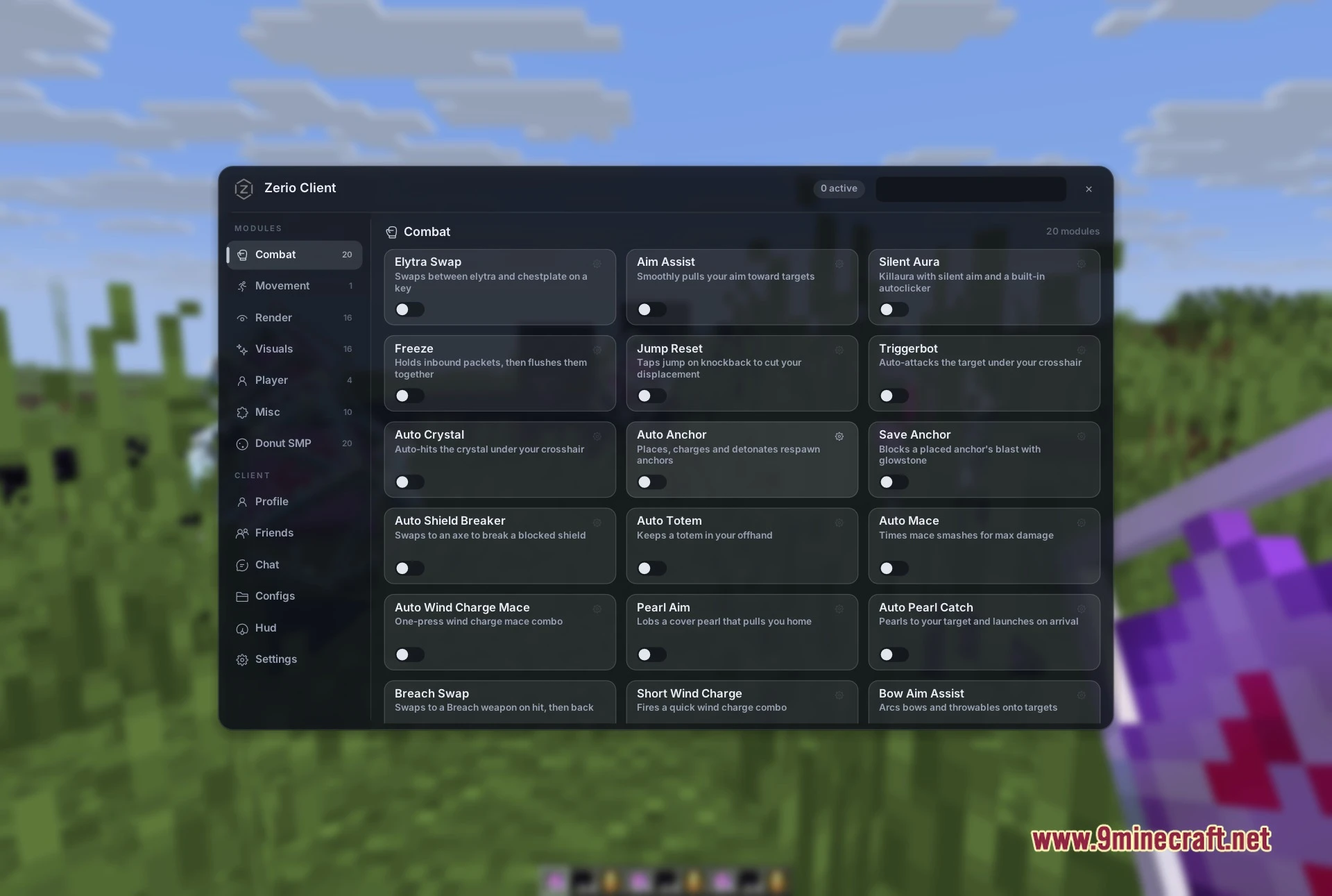 Zerio Client Mod Screenshot 1 The Zerio module menu with the Combat category open, showing per-module toggles and settings gears.