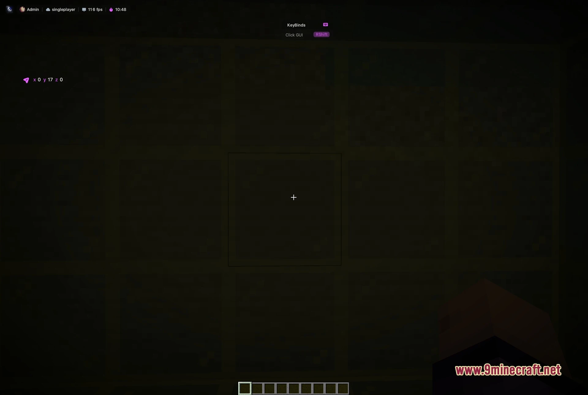 Moon DLC Client Mod Screenshot 4 In-game view with the Moon DLC overlay active and the ClickGUI keybind hint visible in the corner
