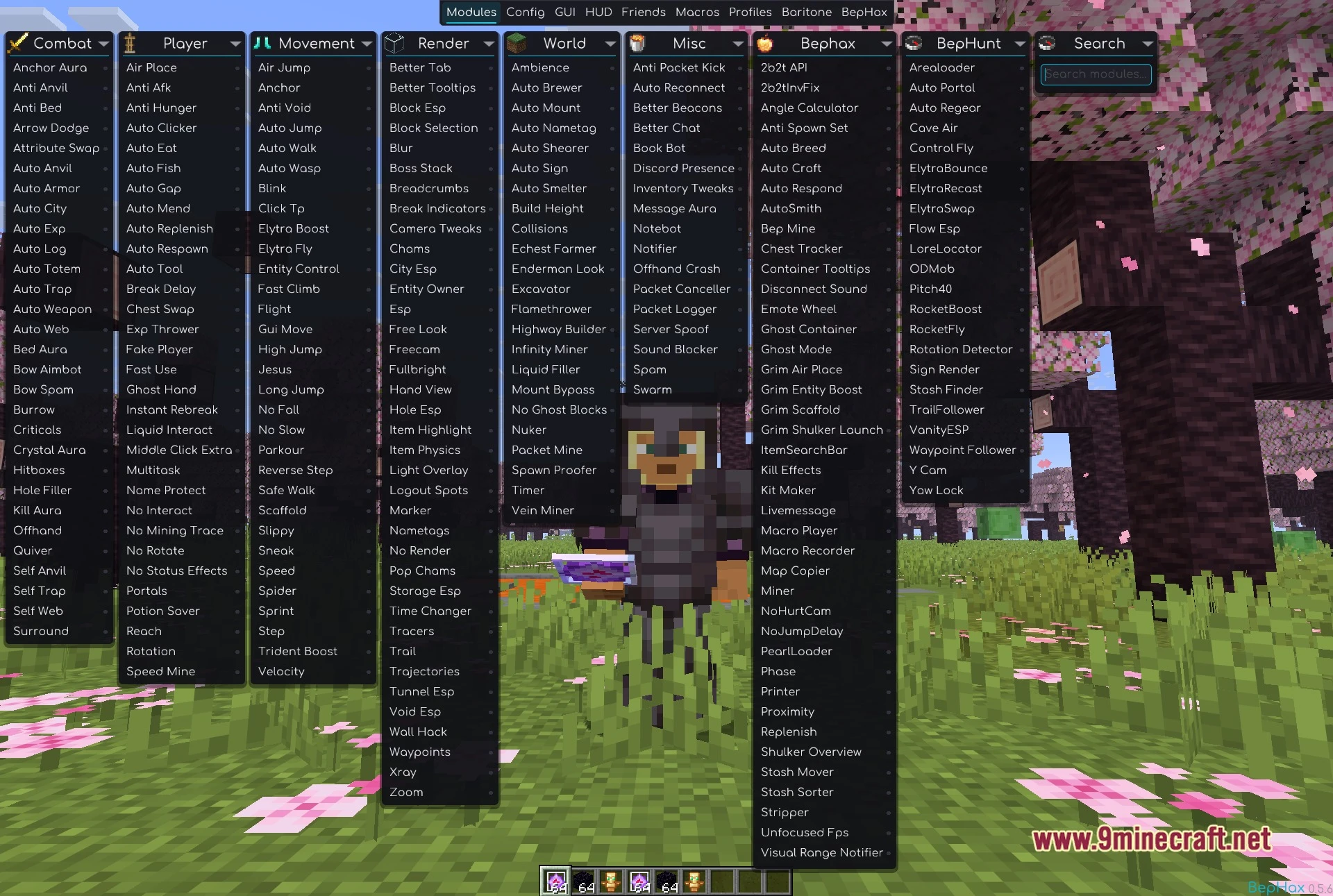 BepHax Client Mod Screenshot 1 BepHax ClickGUI open over a cherry grove, with the Bephax tab listing 2b2t API, Chest Tracker, Ghost Mode, Grim Scaffold, Macro Recorder, Printer, Stash Mover and Stash Sorter, and the BepHunt tab listing Stash Finder, ElytraRecast, RocketFly, Waypoint Follower, Control Fly and Yaw Lock