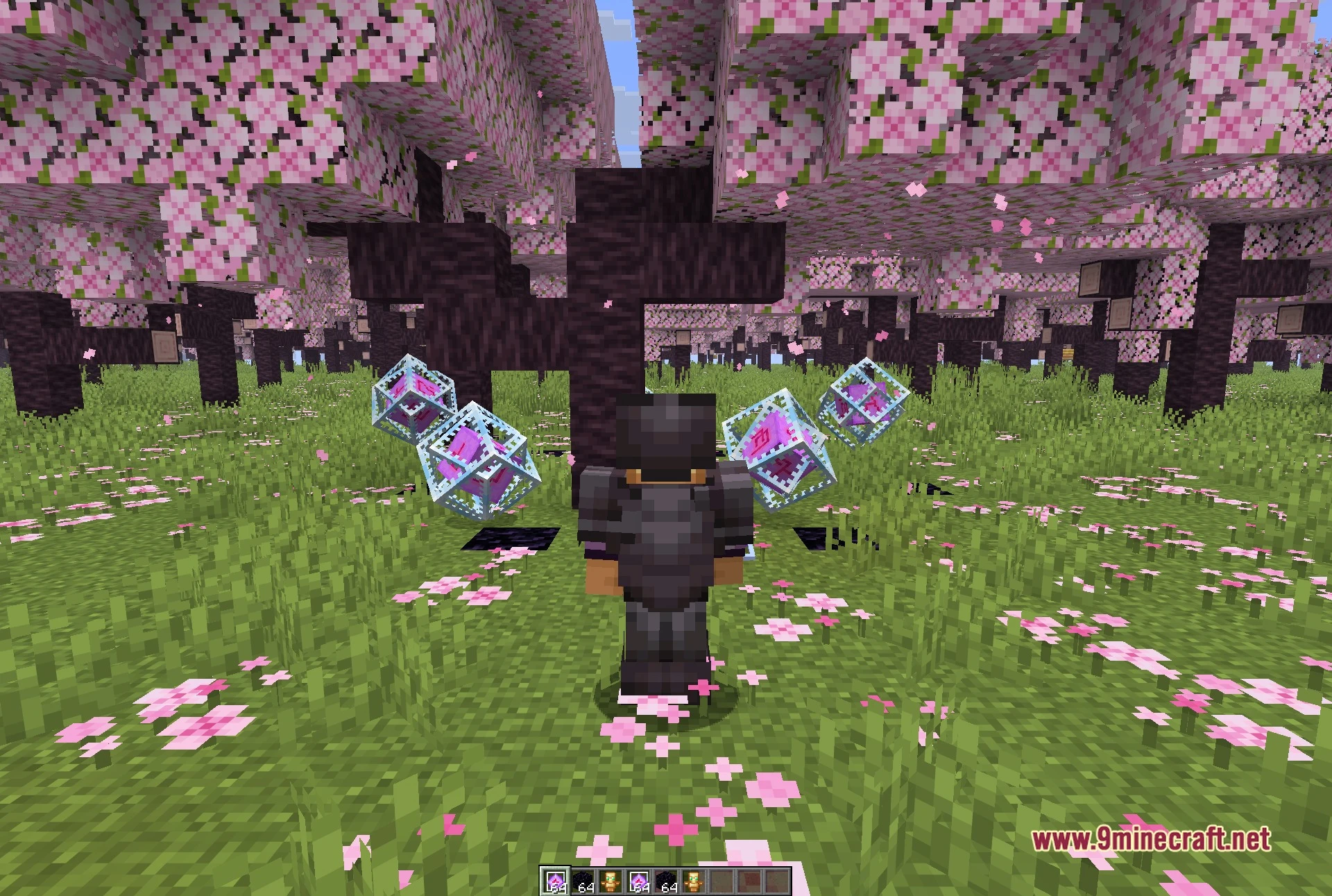 Third-person view of the player between two end crystals