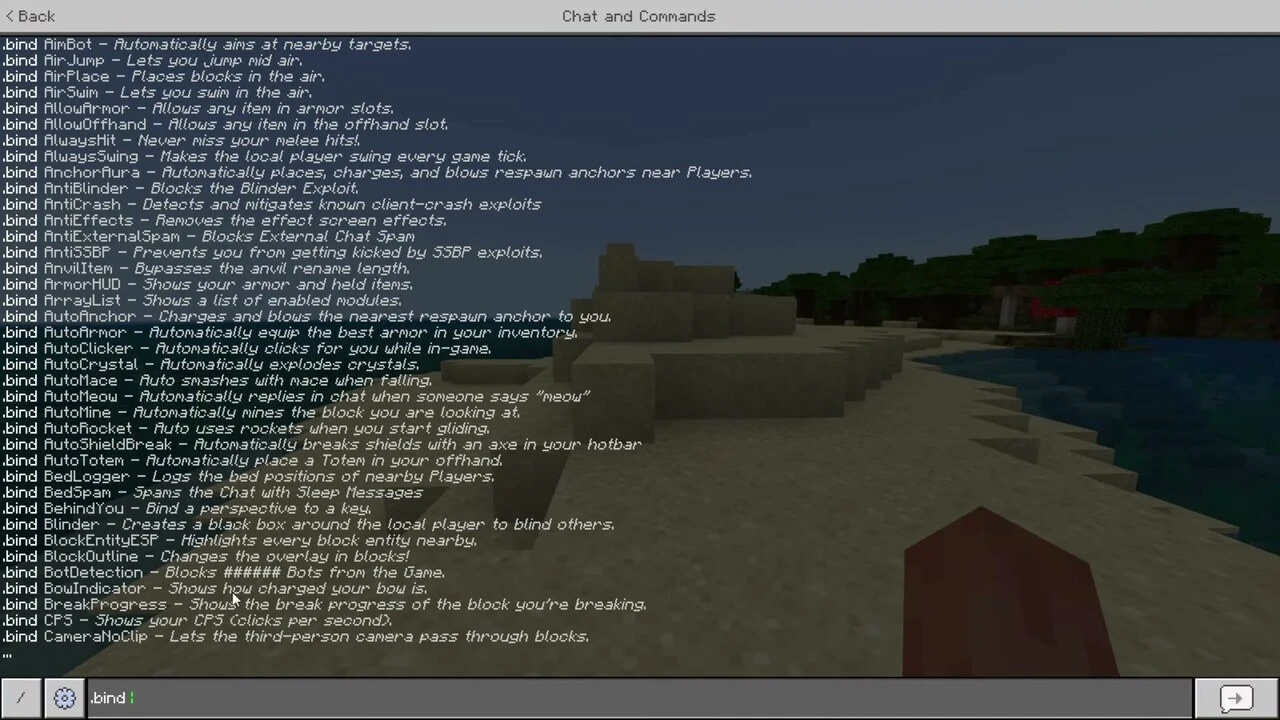 Nyx Client in-game command list in Minecraft Bedrock