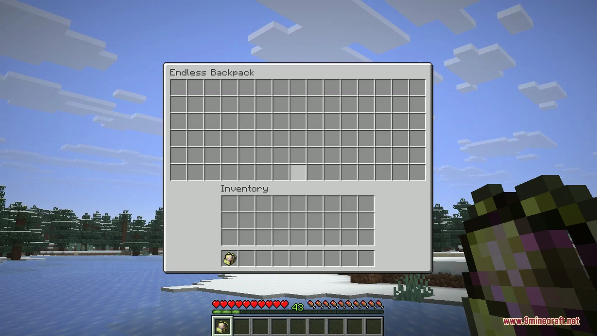 Inmis 9minecraft Mod Screenshot 5 A Minecraft character wearing a brown backpack from the Inmis mod on back