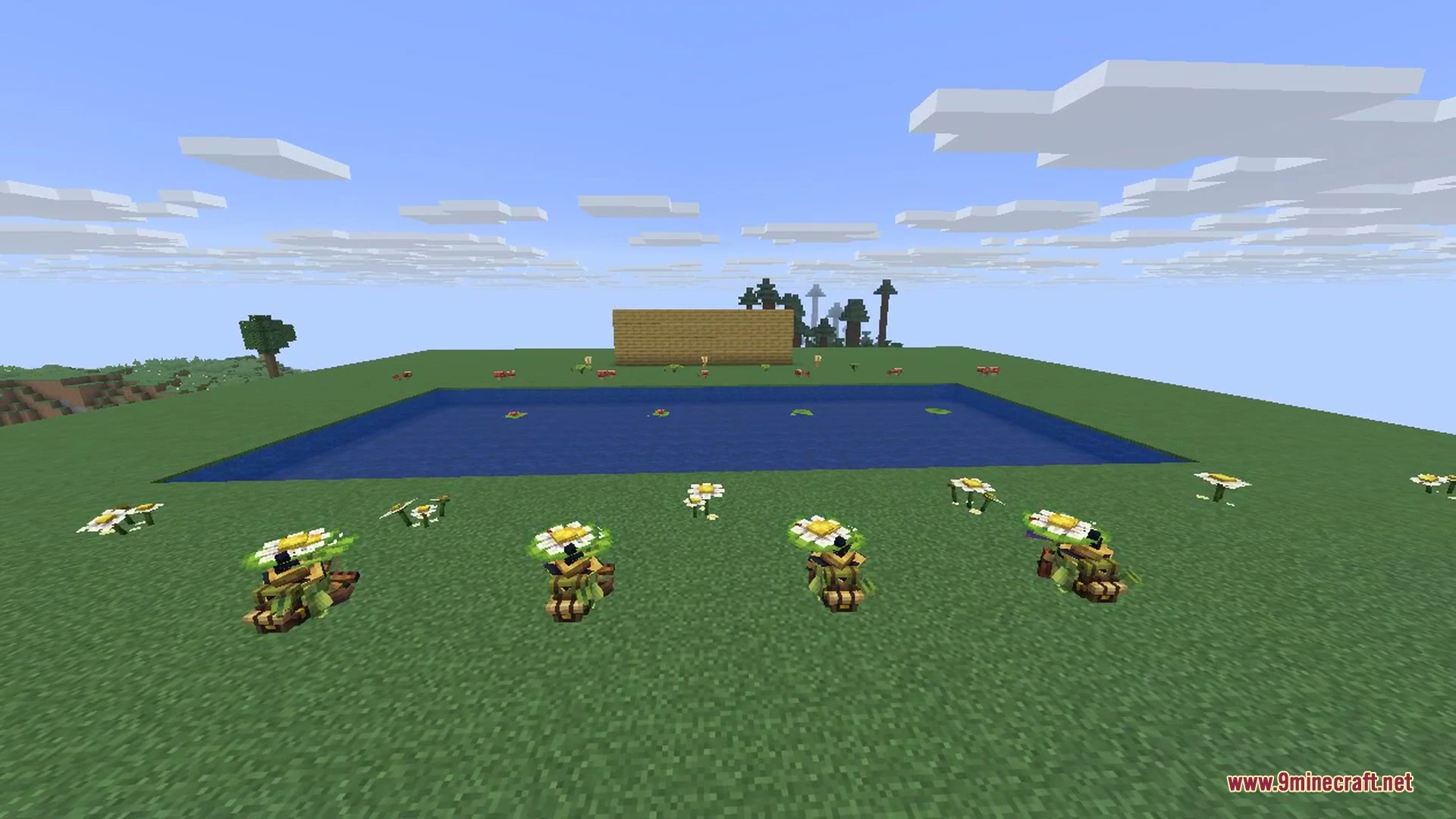 Ribbits 9minecraft Mod Screenshot 2 Four cute frog villagers with plant hats standing in a swamp pond