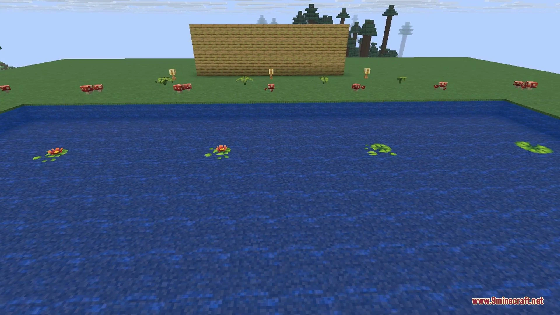 Ribbits 9minecraft Mod Screenshot 6 Cute frog villagers with colorful hats and a rainbow umbrella in water