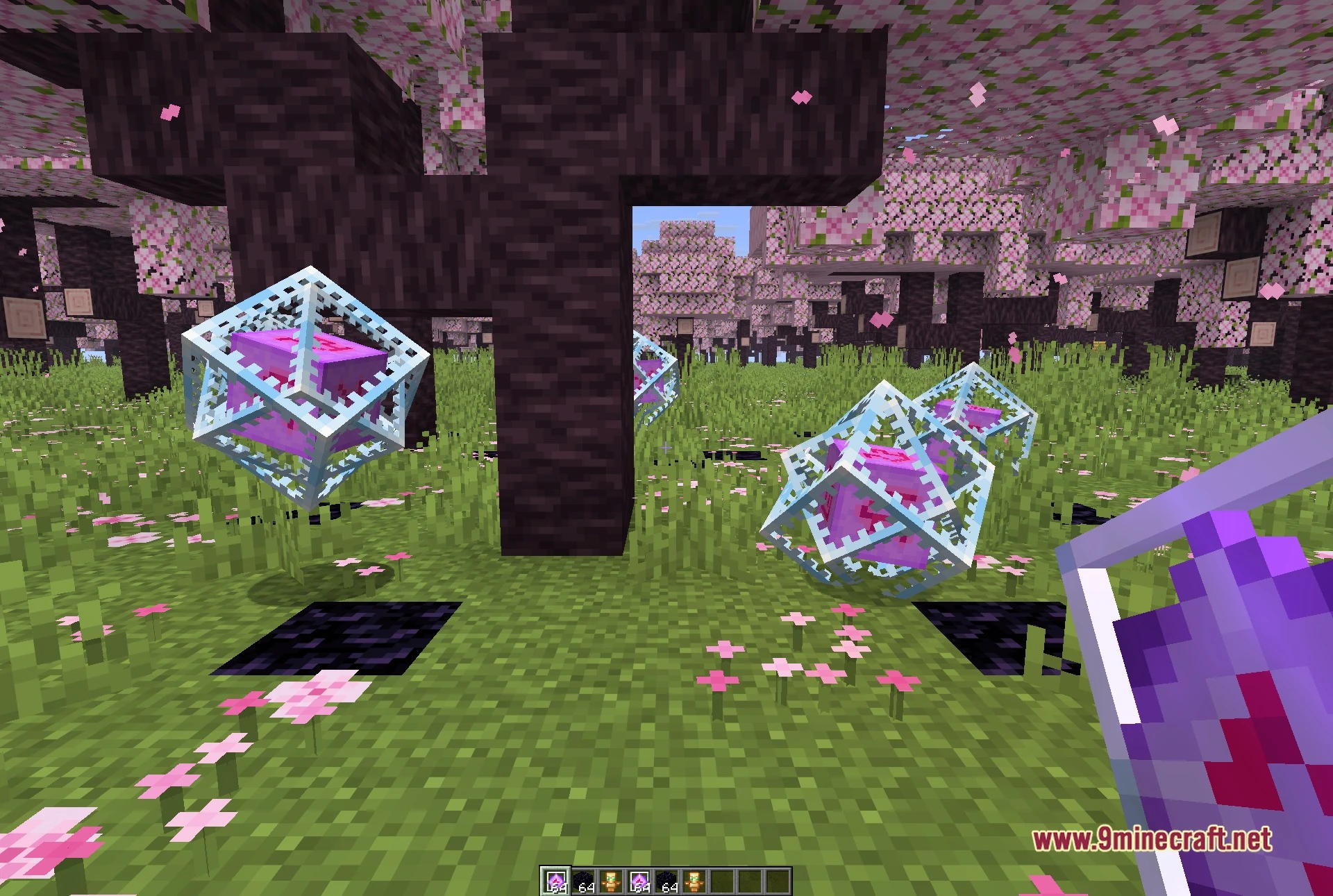 Mochi Client Mod Screenshot 2 First-person view in the cherry grove with end crystals placed around the player