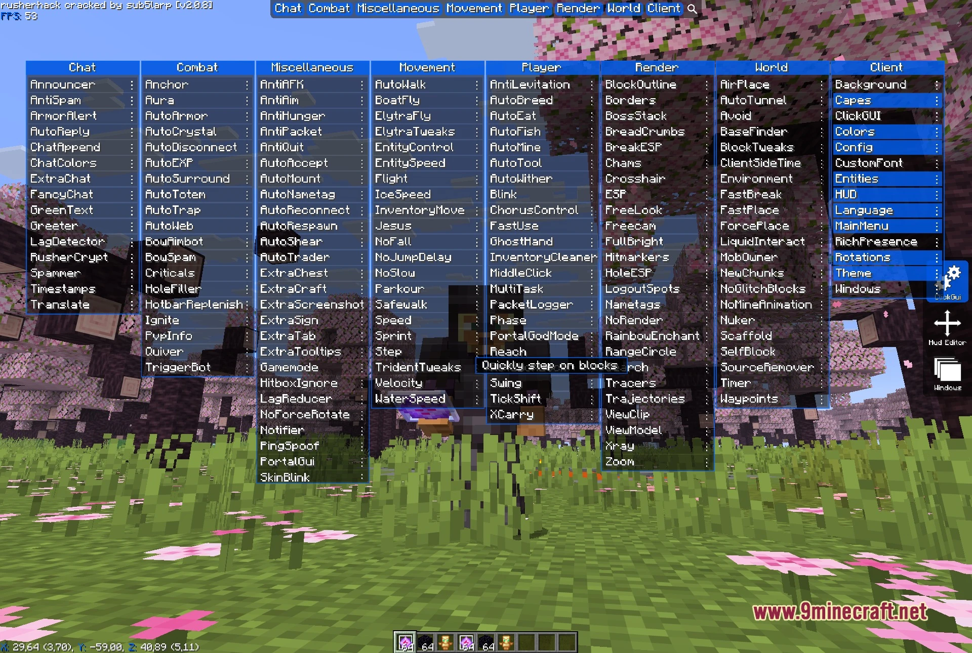 Rusherhack v2.0.8 Client Mod Screenshot 1 RusherHack ClickGUI open over a cherry grove, showing all eight module columns: Chat, Combat, Miscellaneous, Movement, Player, Render, World and Client