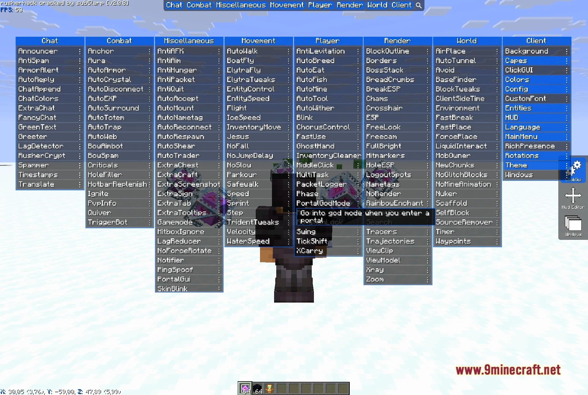 Rusherhack v2.0.8 Client Mod Screenshot 5 The same ClickGUI reopened in a snowy world as a second test scene