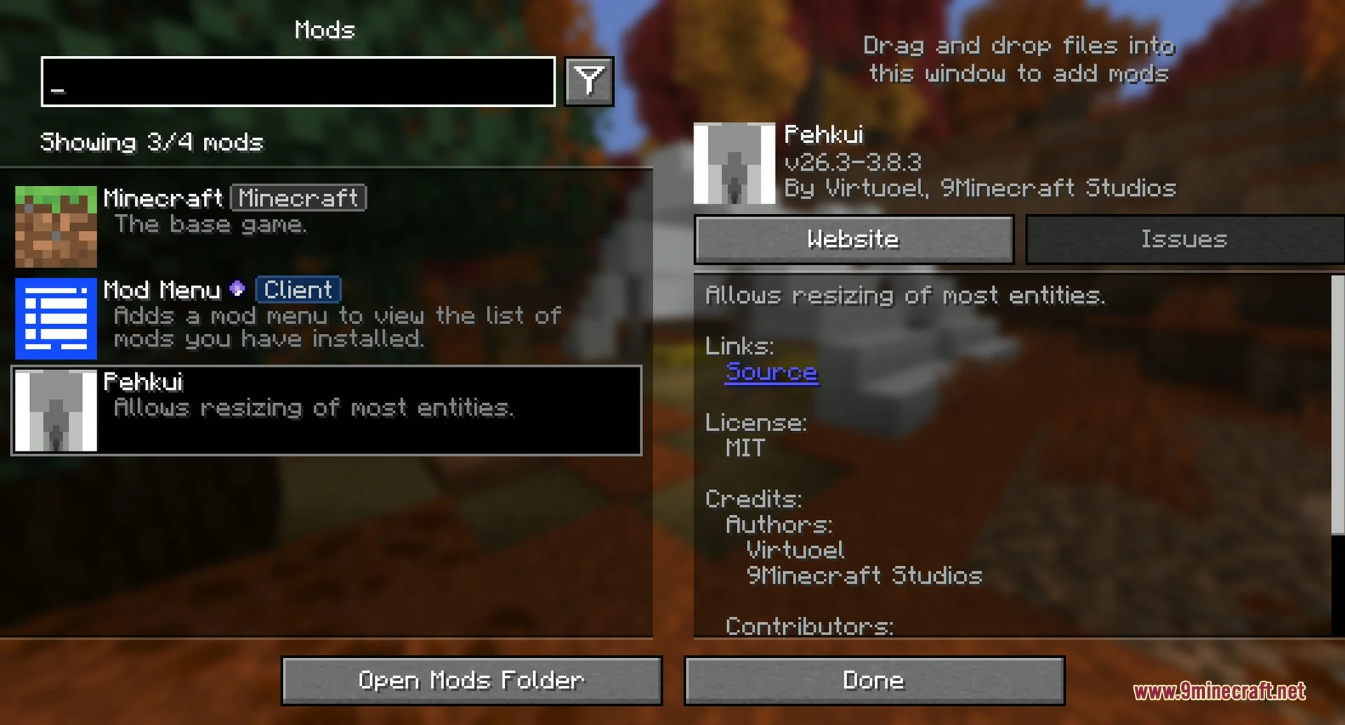 The Pehkui 9minecraft Mod entry in the in-game mods list, loaded with 9minecraft Team credits