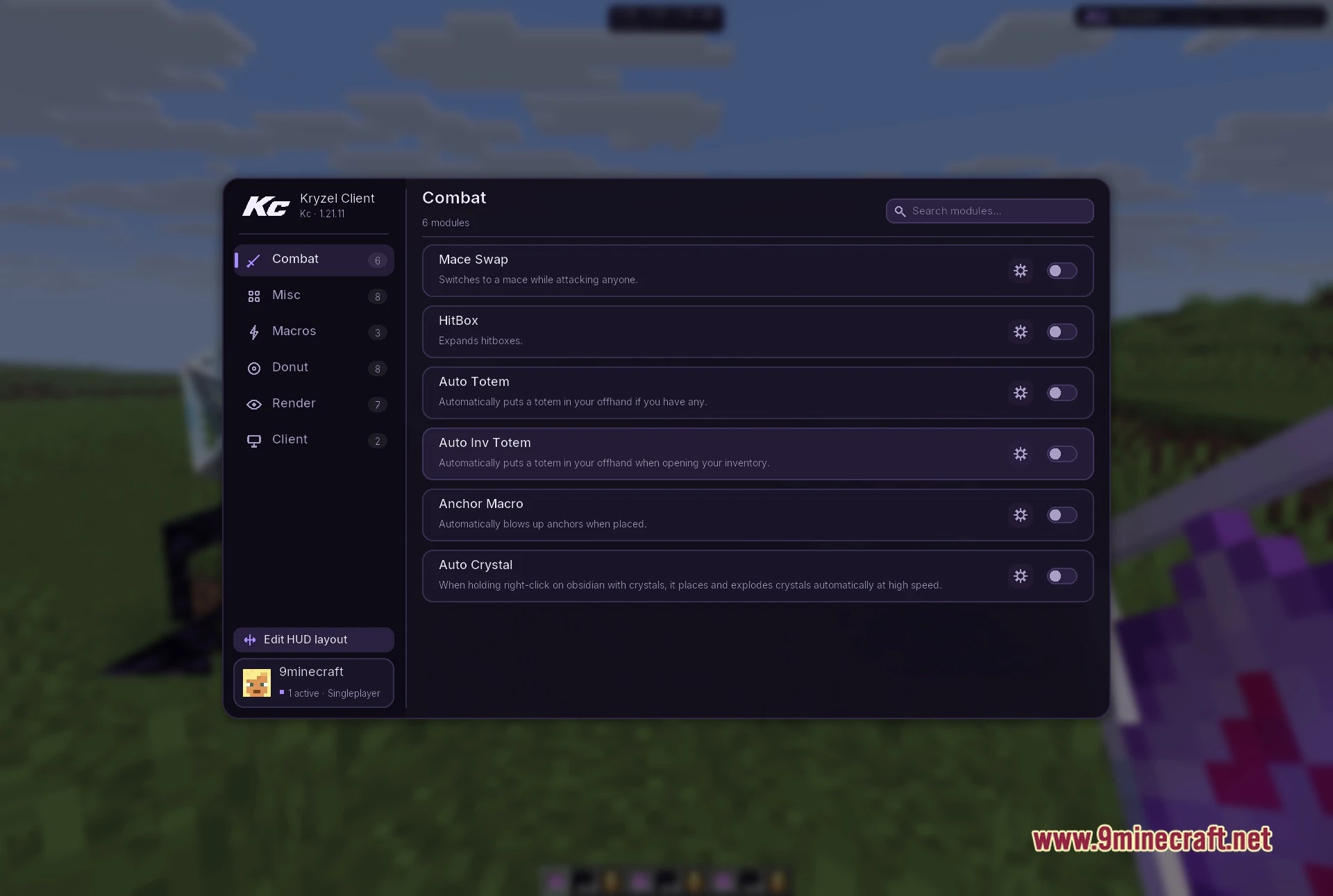 Kryzel Client Mod (1.21.11) – Dominate Intense Crystal PvP Server Battles — screenshot 1
